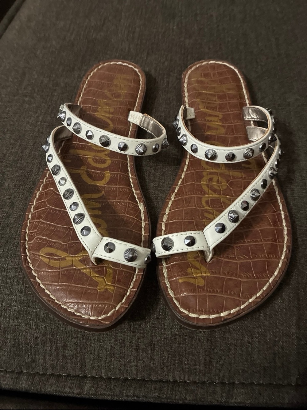 White Studded Women's Leather Sandals Sam Edelman 7